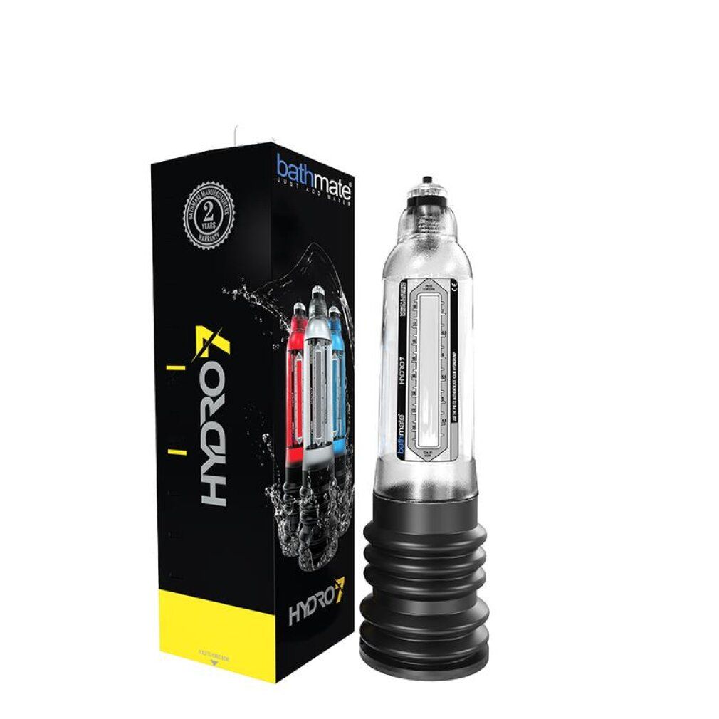 Bathmate Hydro 7 penispomp naast de verpakking, drie pompen zichtbaar.
