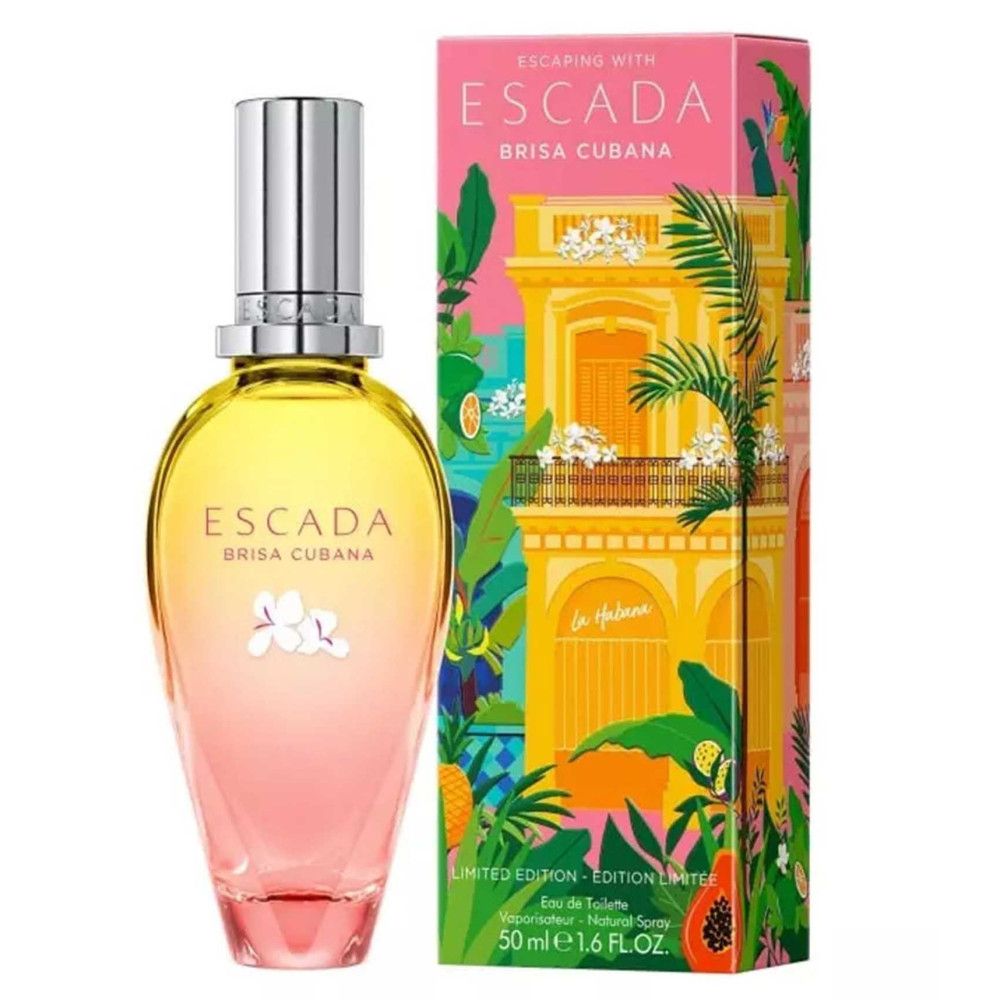 Escada Brisa Cubana Eau de Toilette fles en verpakking. Roze-gele kleurverloop, zilveren dop. Geïllustreerde verpakking.