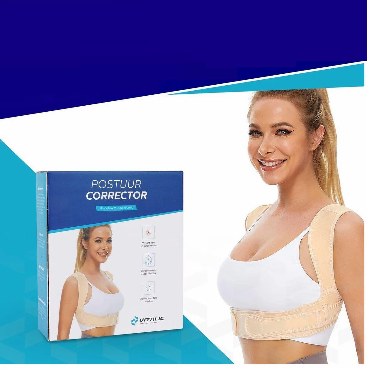 Femme avec ceinture dorsale et emballage du produit. Emballage avec image du produit et texte : POSTUUR CORRECTOR. Logo VITALIC.