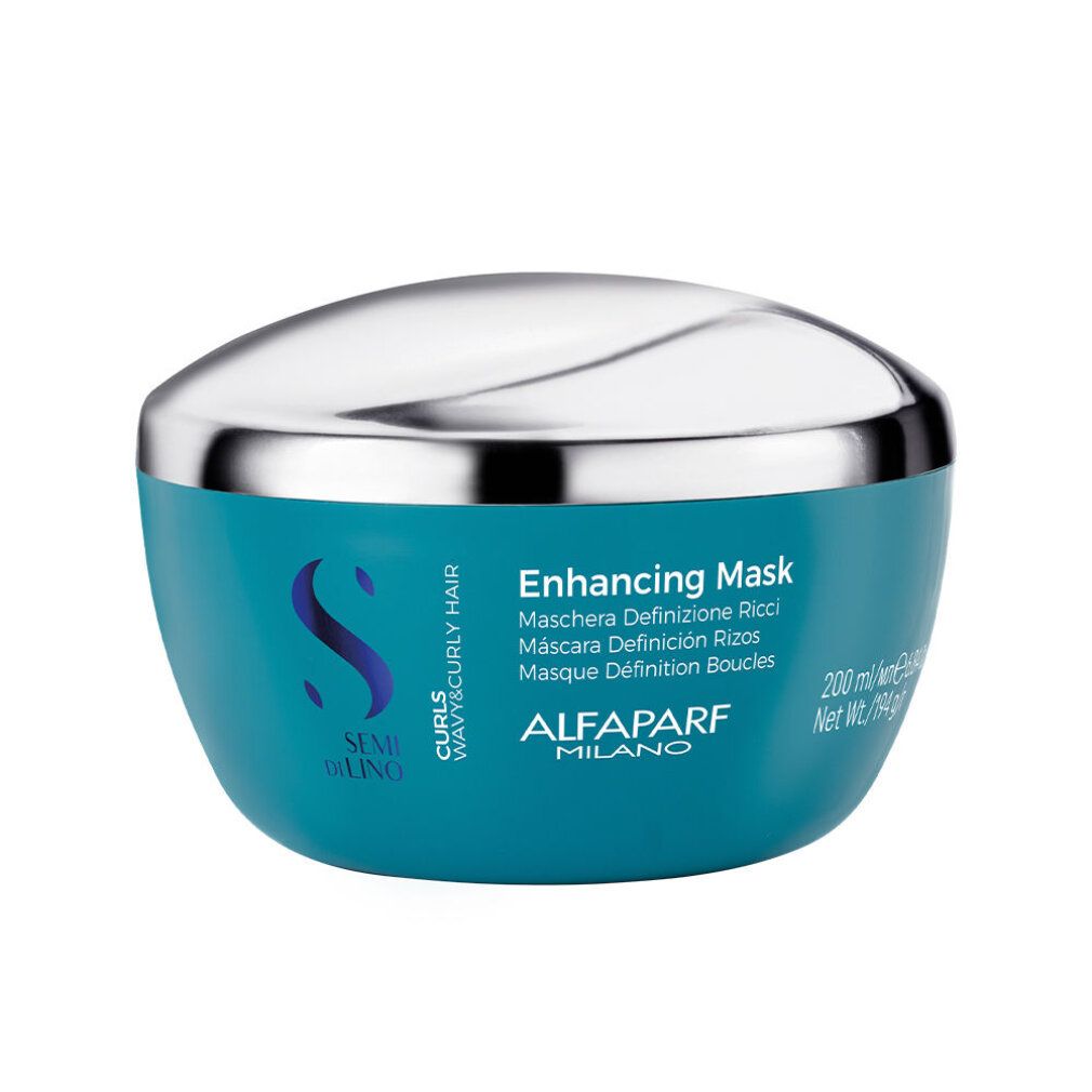 Pot bleu et argenté avec couvercle. Inscription : Alfaparf Milano, Semi Di Lino, Enhancing Mask.