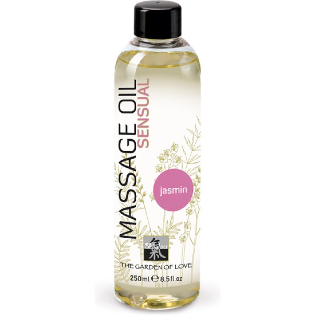 Flacon d'huile de massage avec bouchon noir. Inscription: Massage Oil Sensual Jasmin. 250ml/8.5 fl.oz. Design floral.