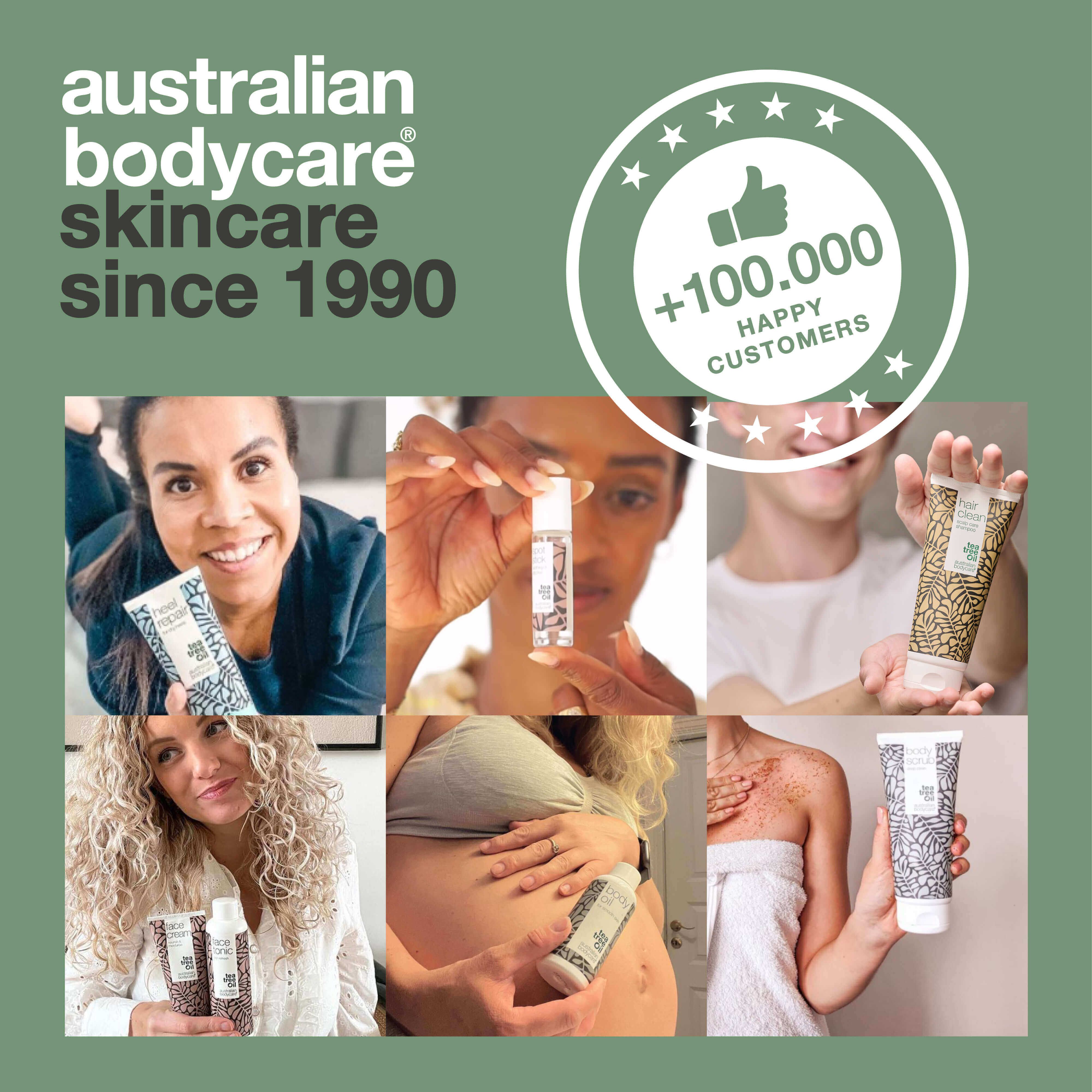 Collage de personnes avec des produits. Texte : Australian Bodycare Skincare depuis 1990. +100 000 clients satisfaits.