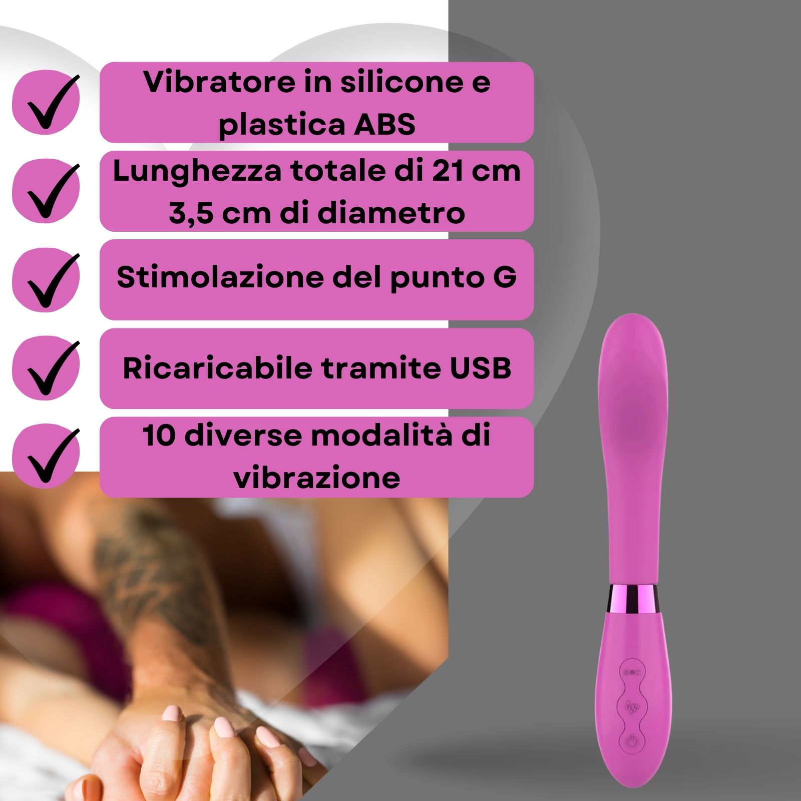 Roze vibrator. Tekst: Siliconen vibrator, 21cm lang, 3,5cm diameter, G-spot stimulatie, USB oplaadbaar, 10 vibratiemodi.