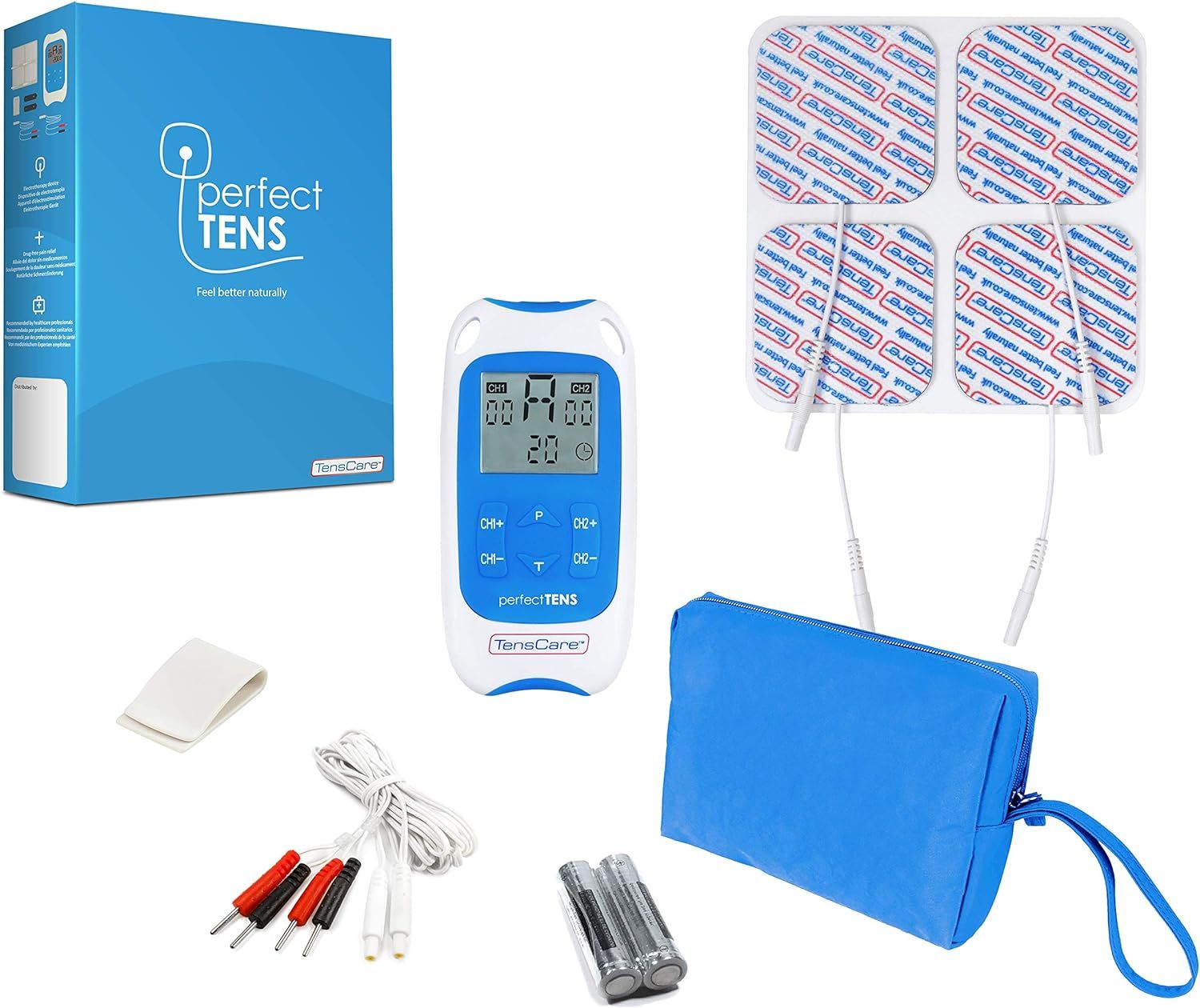 TENS-apparaat, elektrodepads, accessoires en verpakking. Blauwe tas, kabels, batterijen. Merk en model zichtbaar.