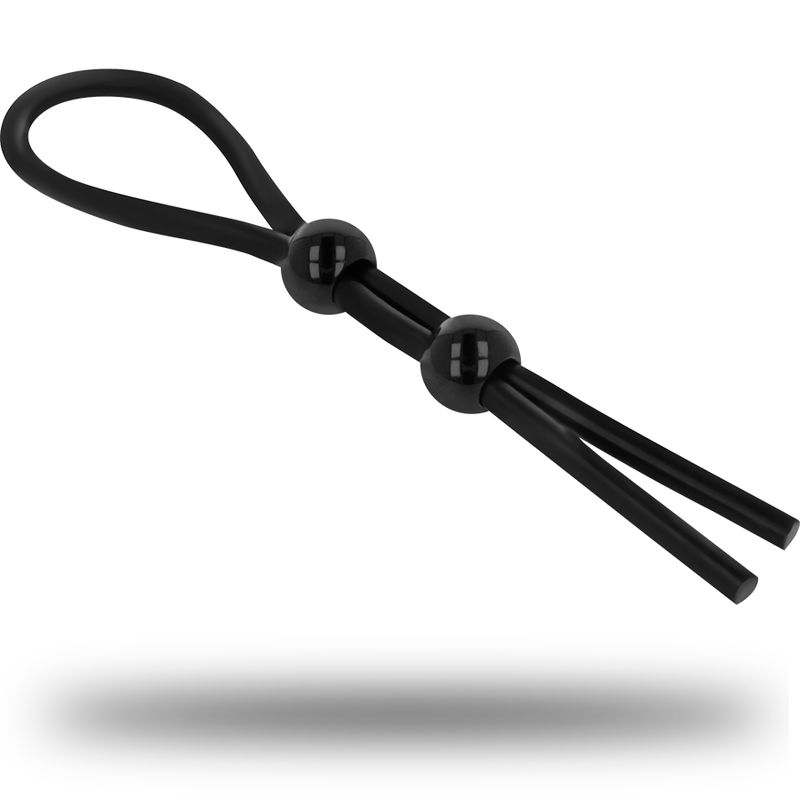 Anneau de pénis noir en silicone avec deux billes ajustables pour la taille.