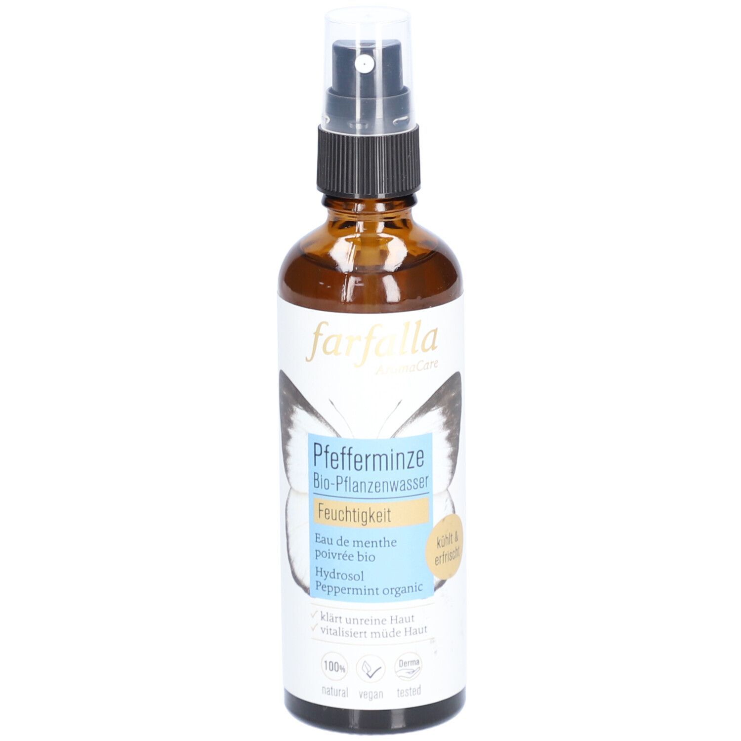 Flacon en verre brun avec vaporisateur. Étiquette avec nom du produit, motif papillon et texte. Certifications.