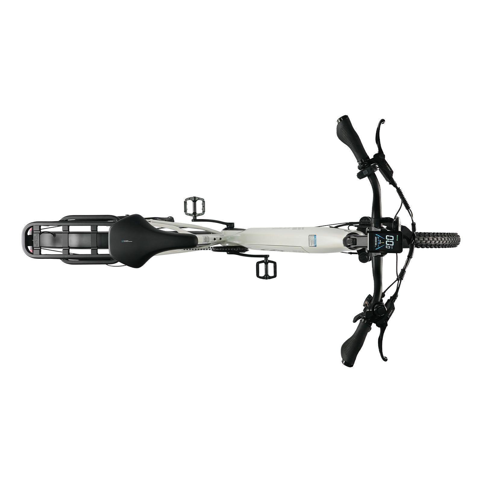 Vue de dessus d'un vélo électrique blanc. Guidon, selle, porte-bagages et pédales visibles. Détails noirs.