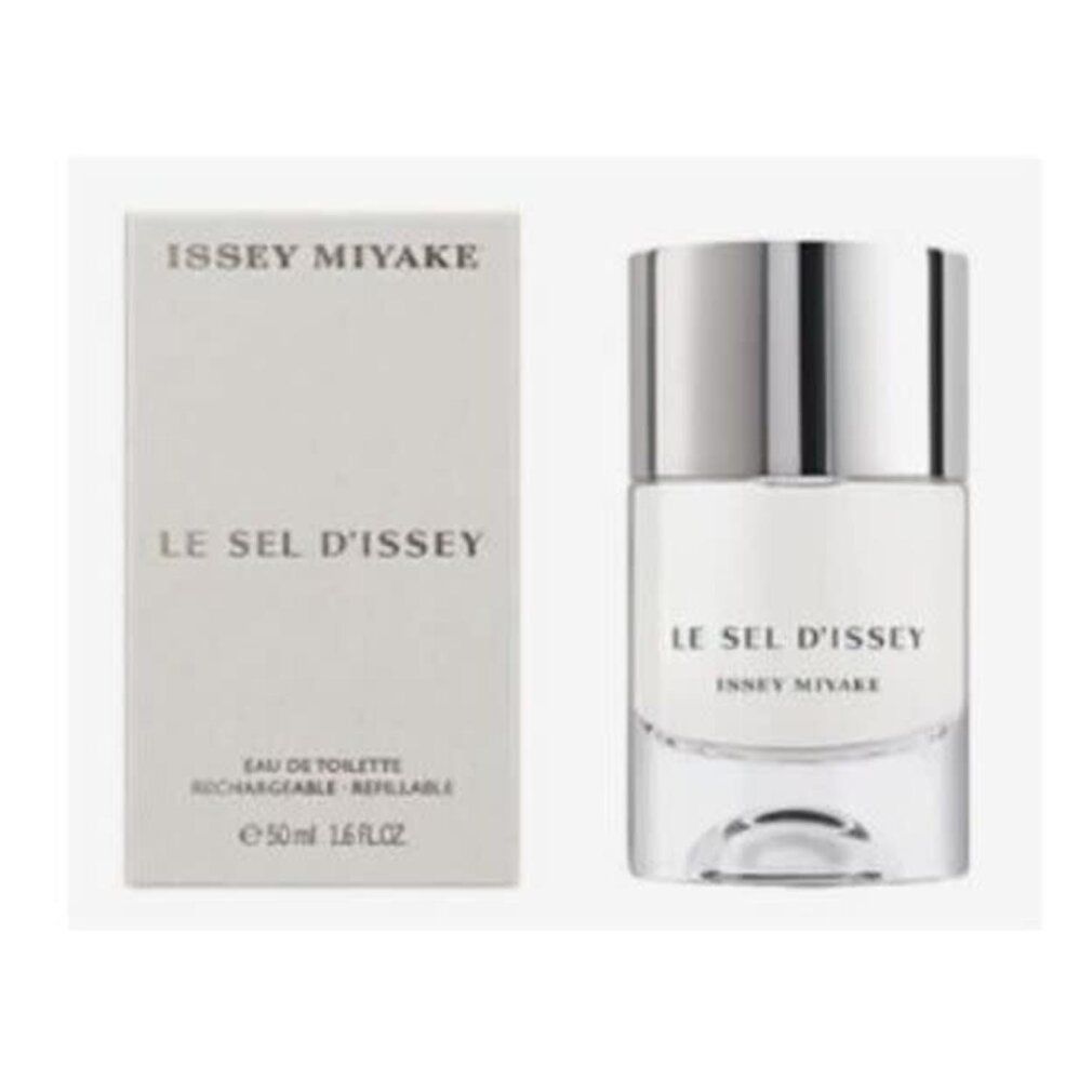 Flacon de parfum et emballage rectangulaire. Inscription : ISSEY MIYAKE, LE SEL D'ISSEY. Flacon : 50ml, Eau de Toilette.