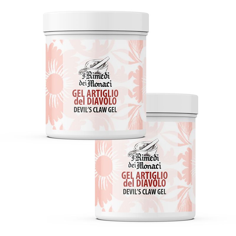 Twee witte potten met deksels. Opschrift: "Rimedi dei Monaci GEL ARTIGLIO del DIAVOLO DEVIL'S CLAW GEL". Roze bloemmotief.