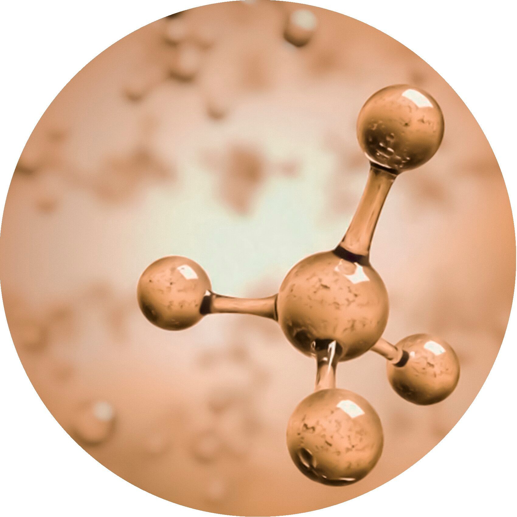 Abstracte afbeelding van een moleculaire structuur. Meerdere bollen zijn verbonden door staven. Achtergrond is bruin.