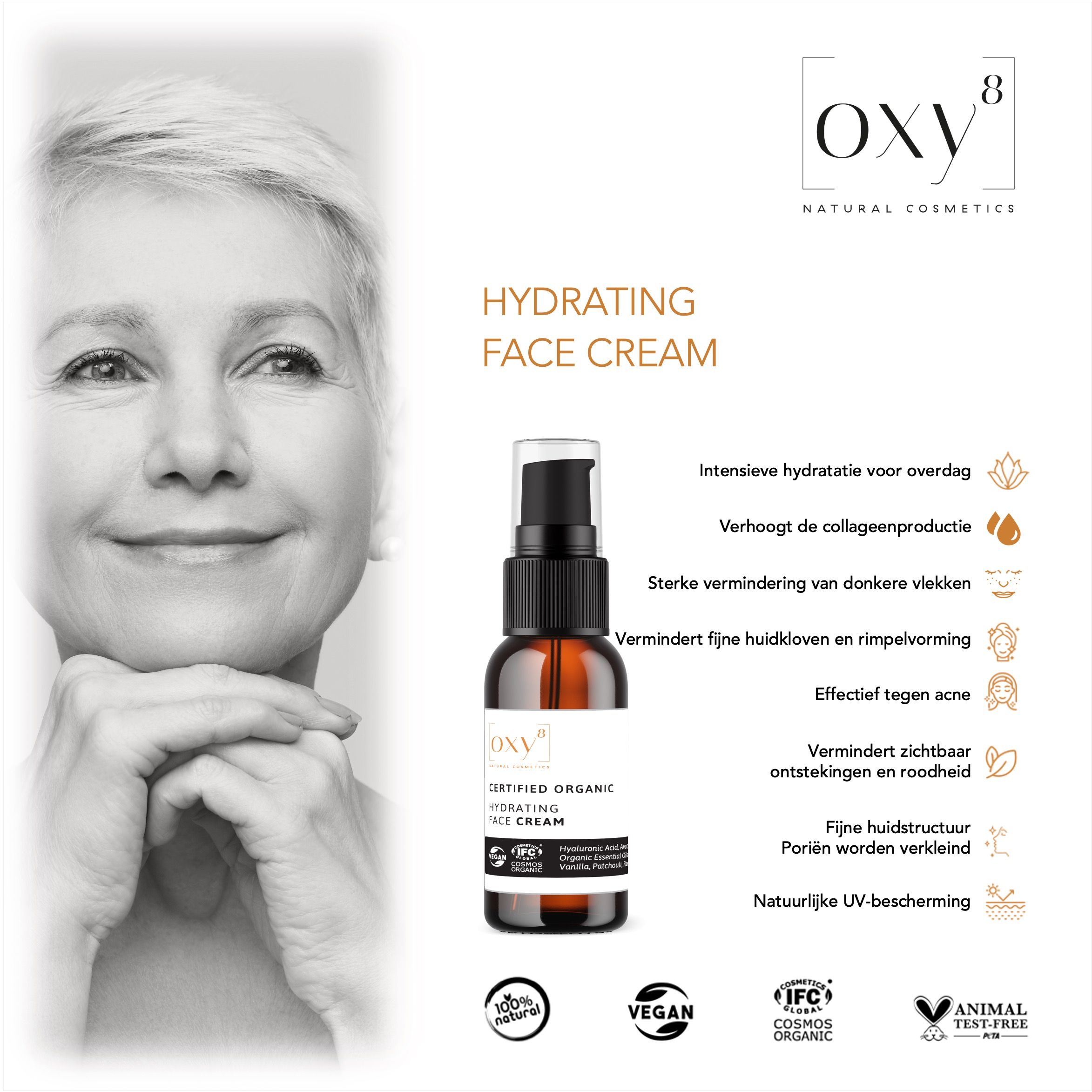 oxy8 Natural Cosmetics HYDRATING FACE CREAM Anti-veroudering. Vermindert rimpels en ouderdomsvlekken