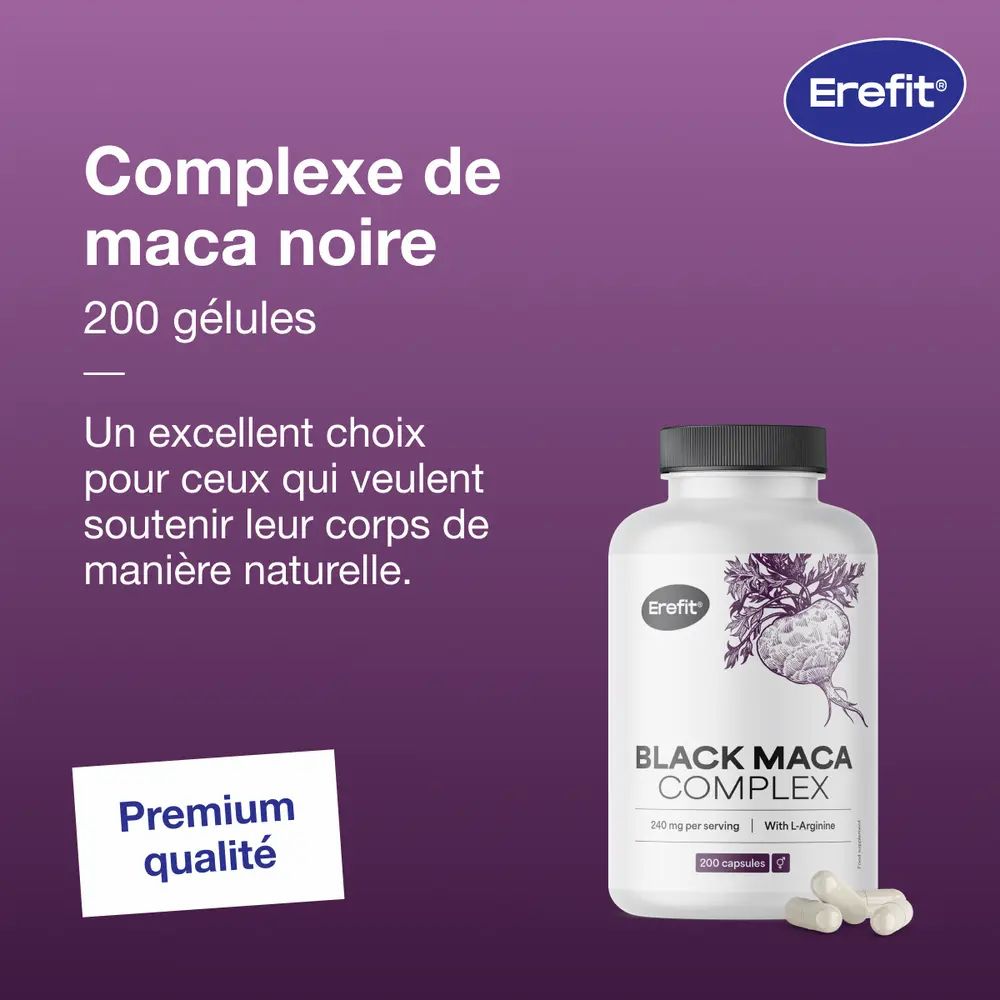 Flacon Black Maca Complex. Texte: Complexe de maca noire. 200 gélules. Autocollant: Qualité supérieure. Gélules.