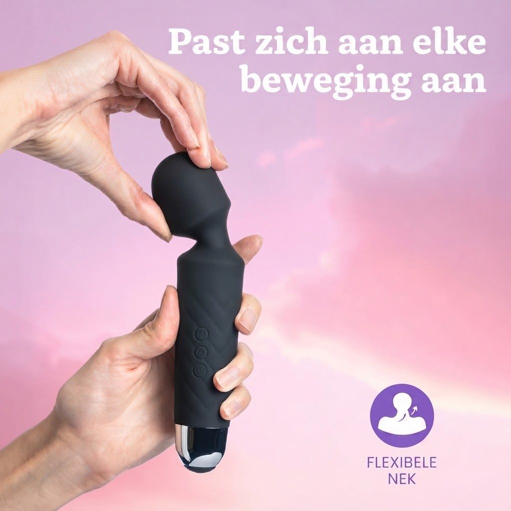 Zwarte toverstaf-massager met flexibele nek en zilveren accent aan het uiteinde van het handvat.