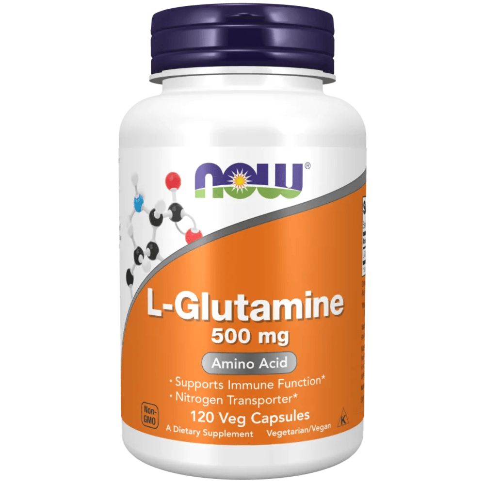 Flacon blanc avec couvercle bleu. Inscription : L-Glutamine, 500 mg, Acide aminé. Contient 120 gélules. Marque : NOW.