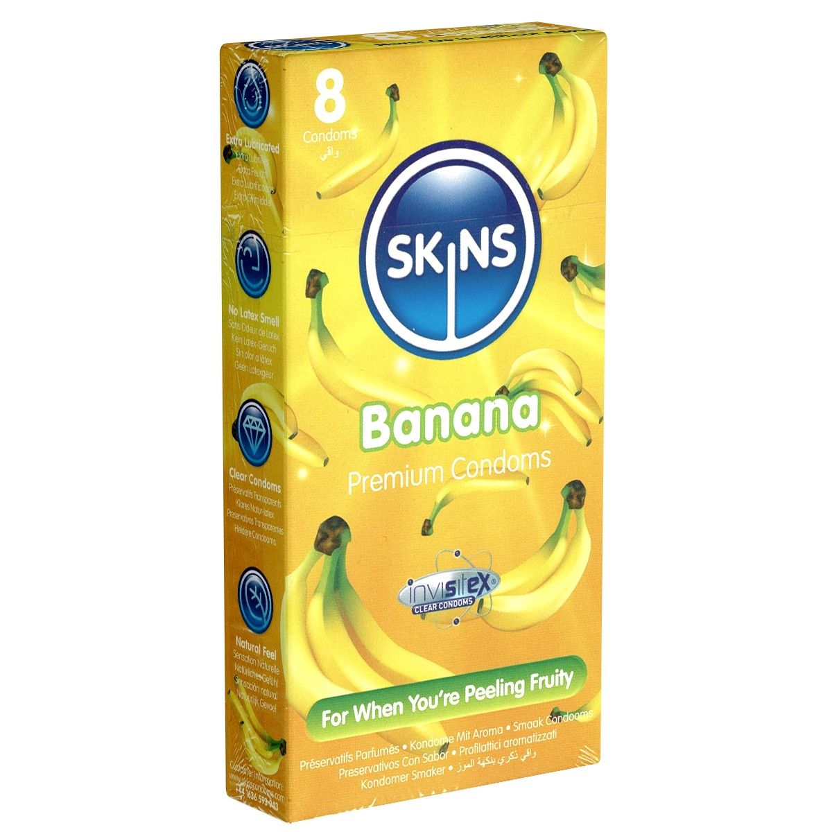Verpakking condooms. Gele achtergrond met bananen. Opschrift: SKINS Banana Premium Condoms. Bevat 8 stuks.