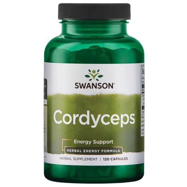 Flacon vert avec étiquette blanche. Inscription: Swanson Cordyceps. Contient 60 portions. Dos avec informations nutritionnelles et code-barres.