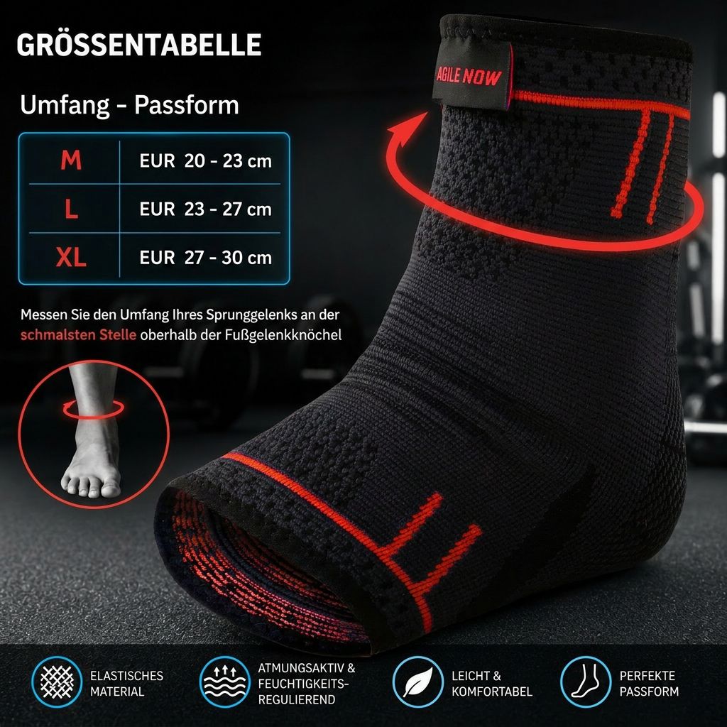 AGILE NOW enkelbrace, zwart met rode details. Maattabel: M, L, XL. Elastisch materiaal, ademend.