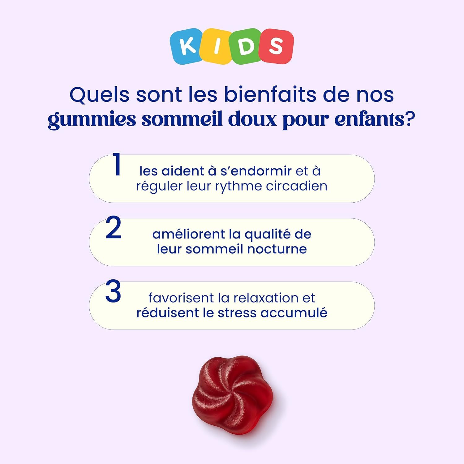 Un pot de Jelly Pills Sweet Sleep Kinder Gummies entouré de gommes individuelles.