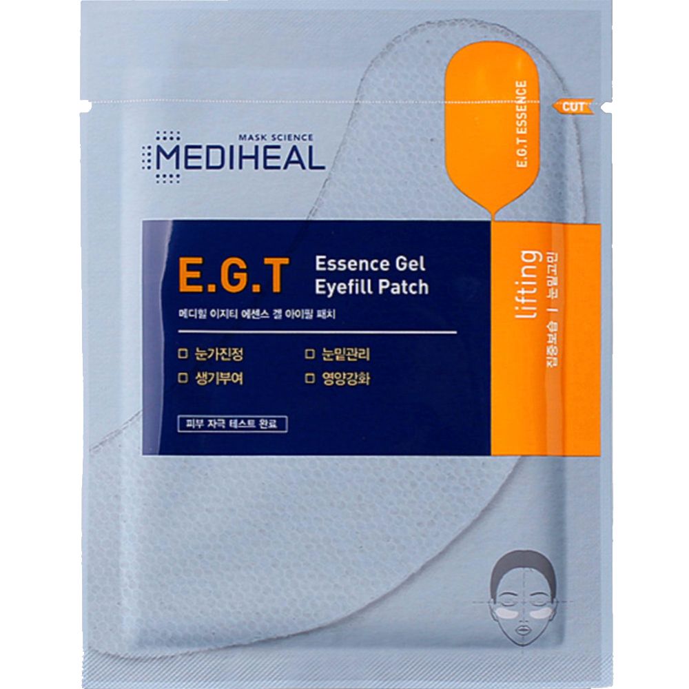 Emballage avec MEDIHEAL E.G.T Essence Gel Eyefill Patch. Texte bleu sur fond blanc. Zone orange avec texte.