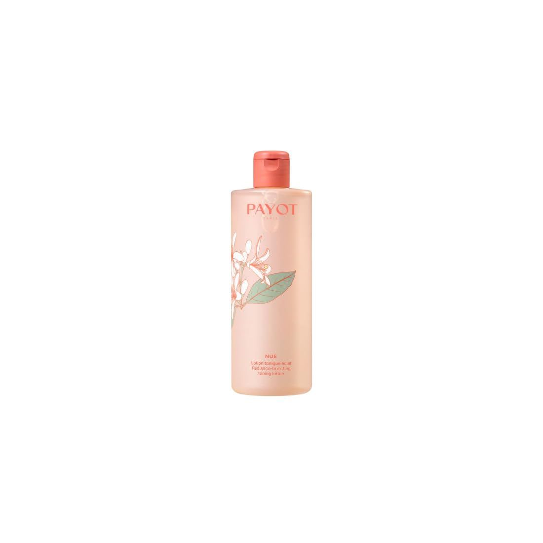 Payot Lotion Tonique Éclat in een zachtroze fles met bloemenmotief en oranje dop.