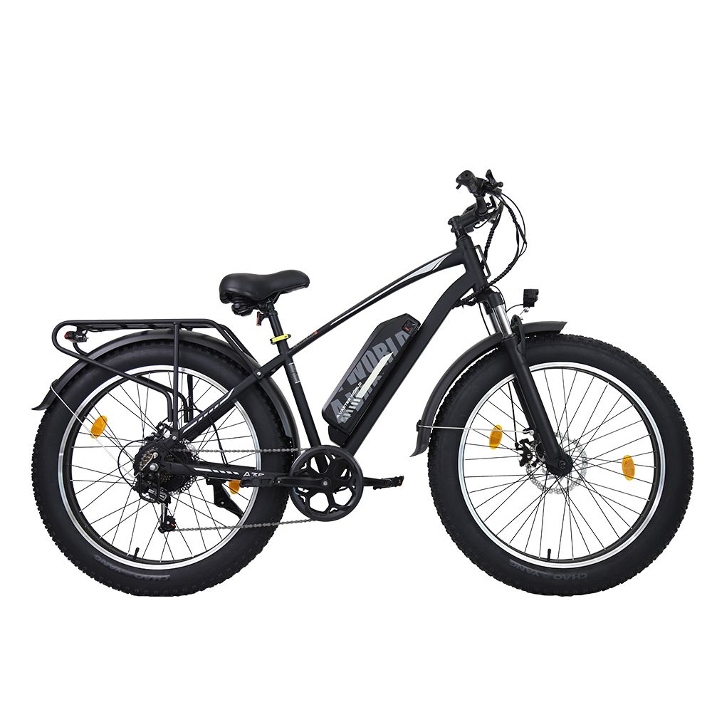 Zwarte e-bike met brede banden. Bagagerek, spatborden, schijfremmen, koplamp en accu zichtbaar.