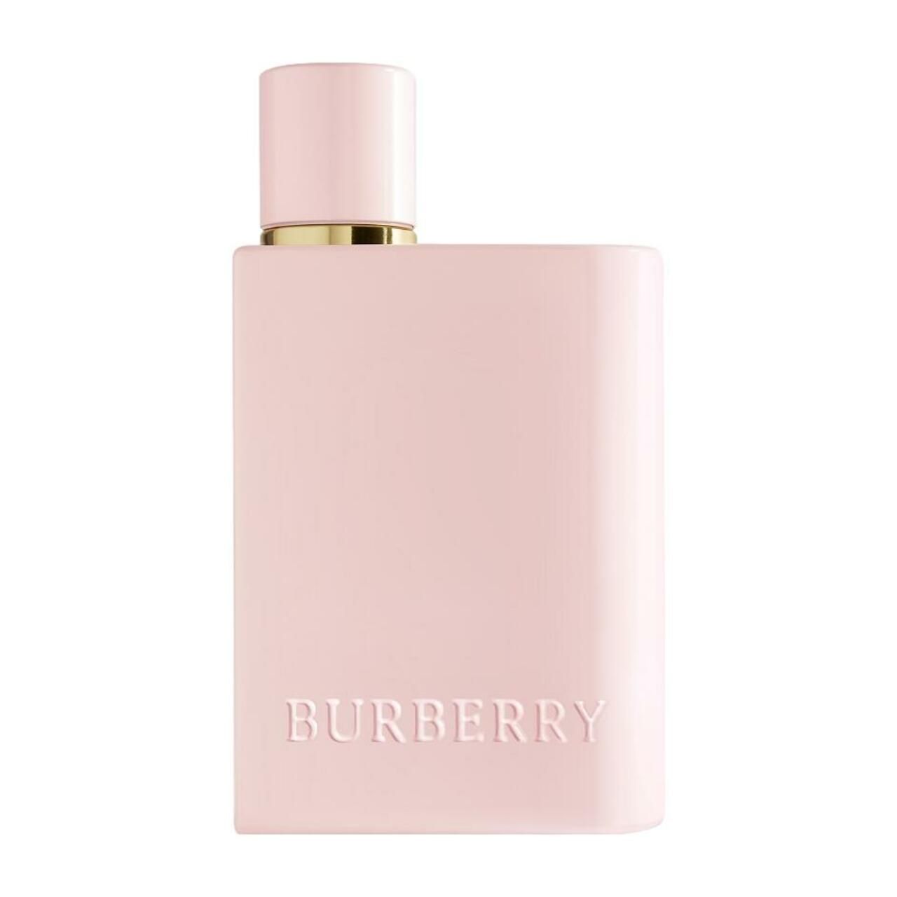 Flacon rose Burberry Her Elixir. Flacon avec bouchon doré et inscription Burberry. Forme carrée.