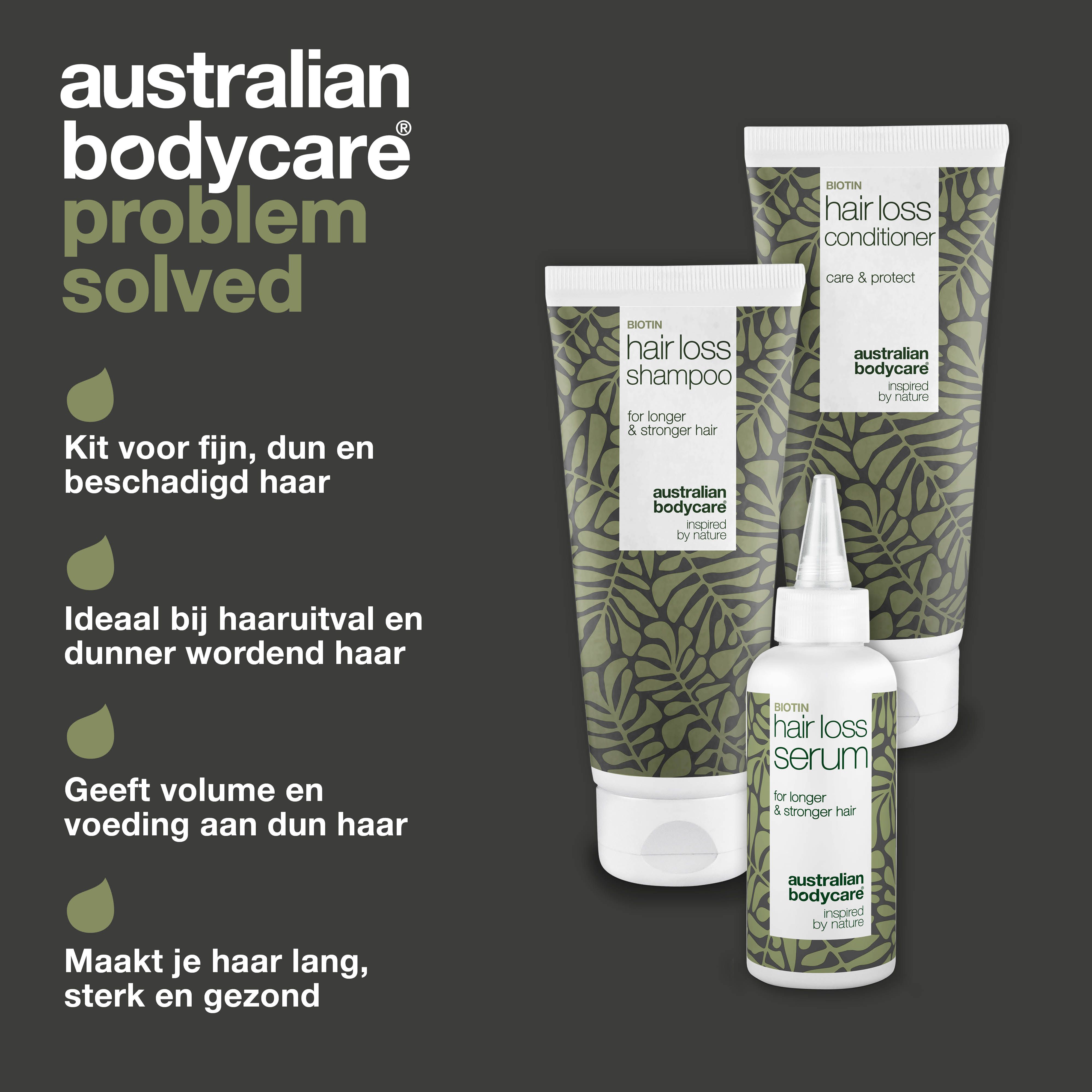 Drie producten: shampoo, conditioner en serum. Logo van Australian Bodycare. Tekst en groene bladeren.