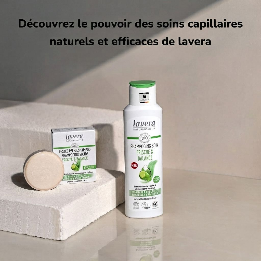 Bouteille de shampooing Lavera Frische & Balance avec indications sur menthe bio et citron vert bio. Texte en allemand et français.