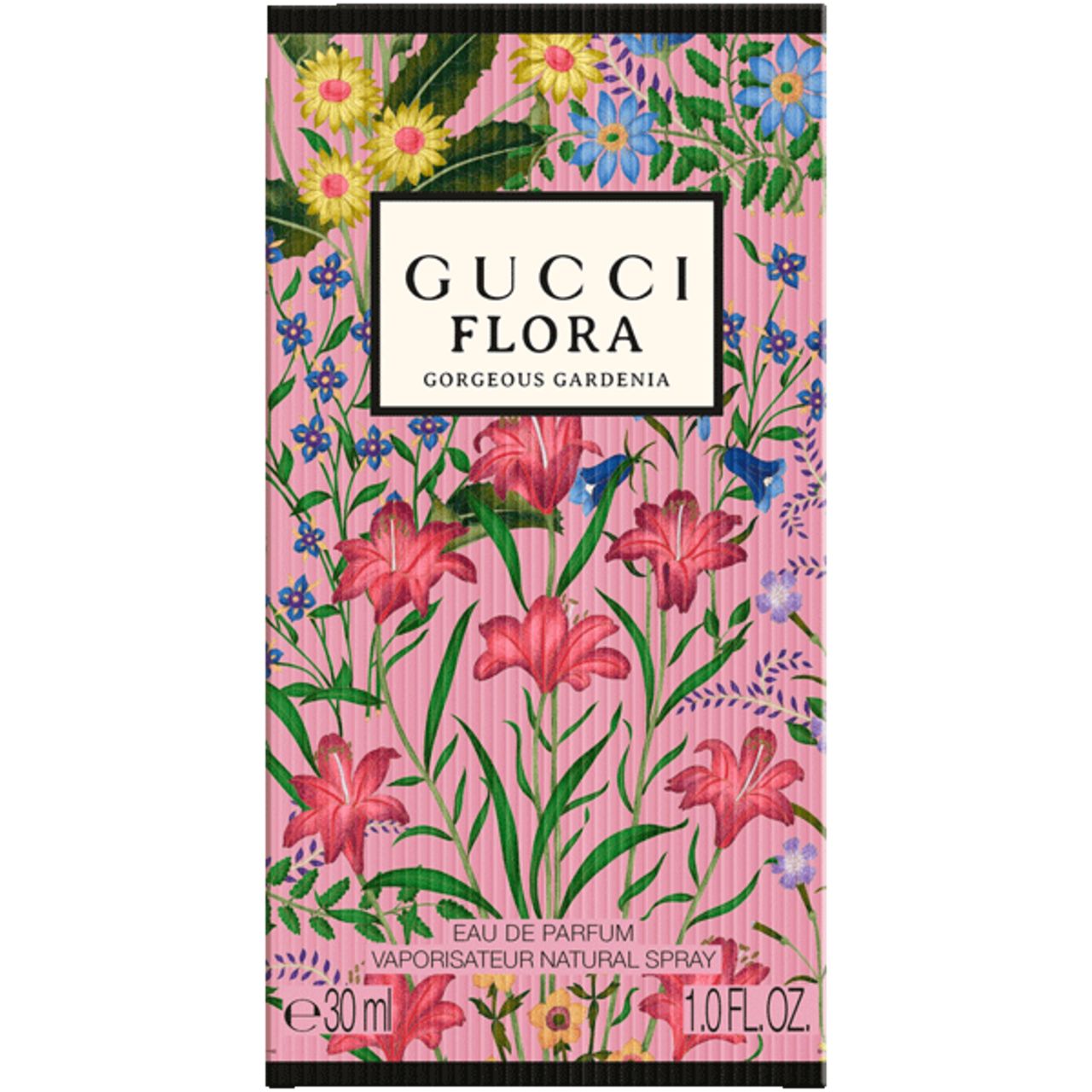 Boîte rose Gucci Flora Gorgeous Gardenia. Motif floral. Texte: Gucci Flora Gorgeous Gardenia, Eau de Parfum, 30 ml, 1.0 FL.OZ.