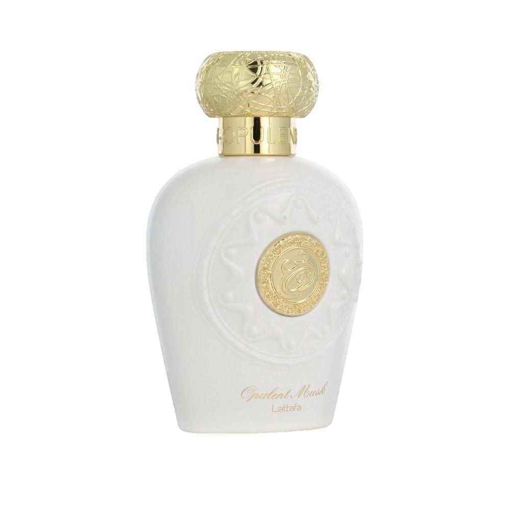 Flacon de parfum blanc avec bouchon doré. Inscription: Opulent Musk, Lattafa. Design en relief.