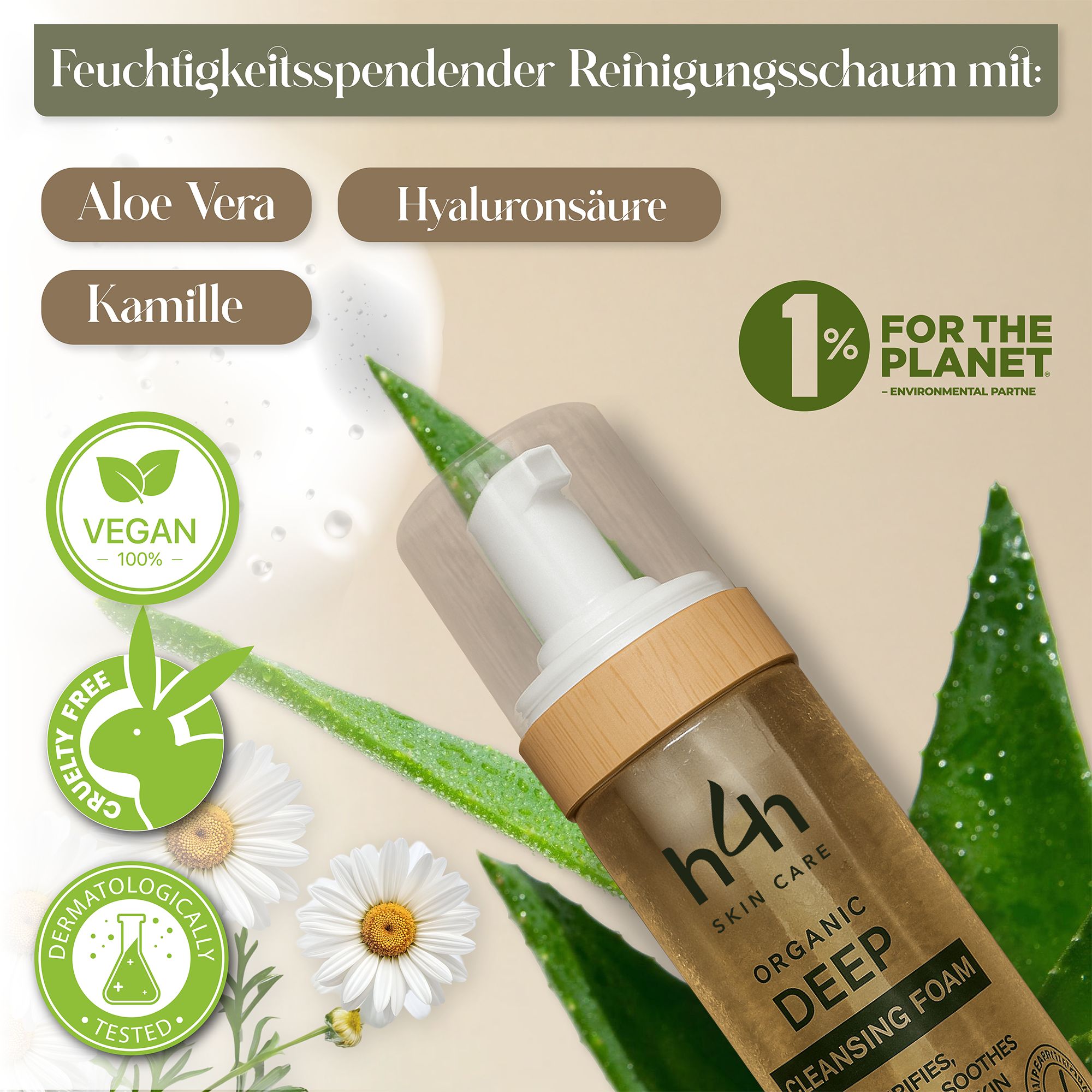 H4H Naturals® reinigingsschuim. Tekst: Aloë Vera, Hyaluronzuur, Kamille. Vegan, Cruelty Free, dermatologisch getest. 1% voor de planeet.