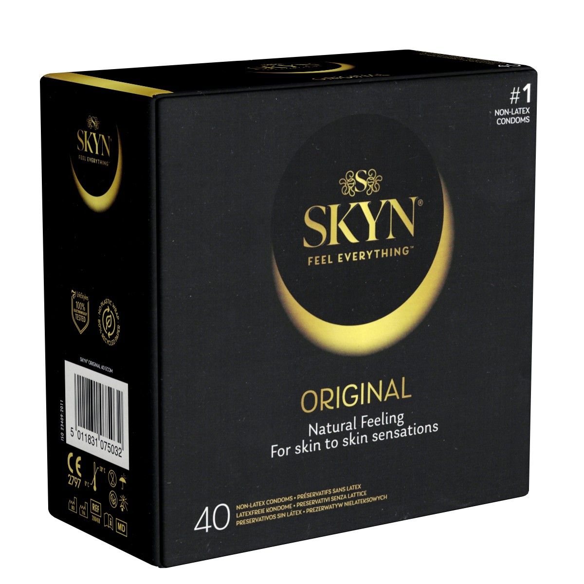 Zwarte verpakking SKYN Original, 40 condooms. Logo en tekst "#1 Non-latex condoms". Opschrift "Natural feeling for skin to skin sensations".