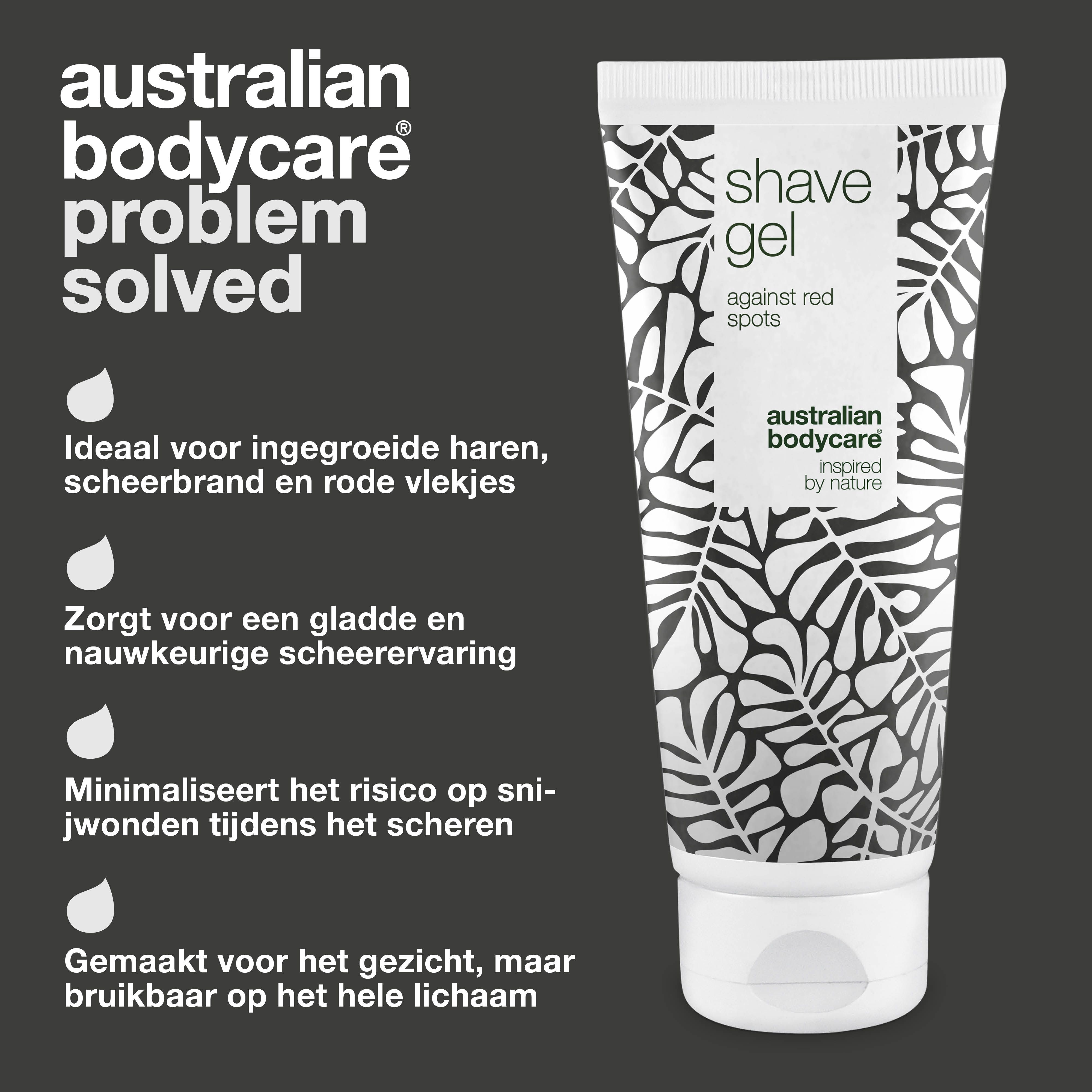 Tube scheergel met tekst. Opschrift: shave gel against red spots. Australian Bodycare. Tegen scheerbultjes.