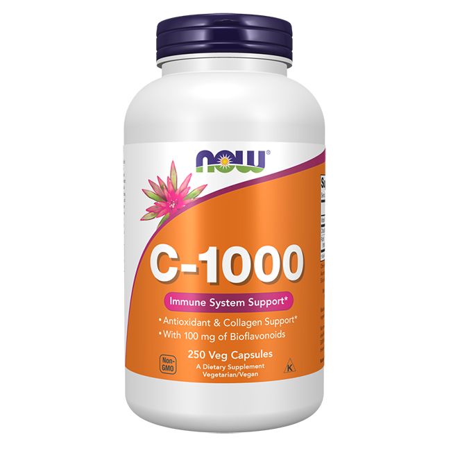 Flacon blanc, bouchon violet. Étiquette orange avec texte: C-1000, Immune System Support, 250 Veg Capsules. Logo: NOW.