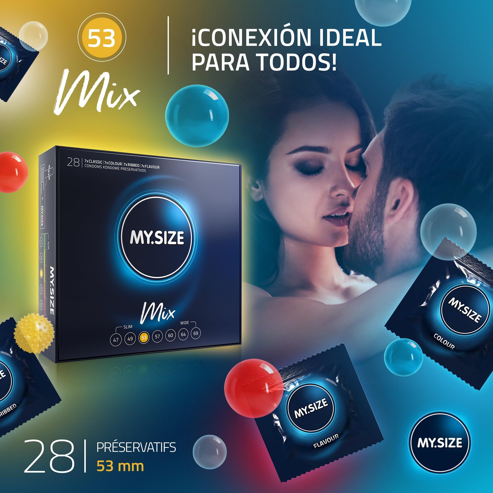 Préservatifs MY.SIZE Mix 53mm: 28 pièces, 4 variétés. Couple s'embrassant.