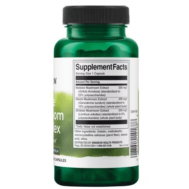 Achterkant van de groene fles. Label met voedingsfeiten en ingrediënten. "SWANSON" logo.
