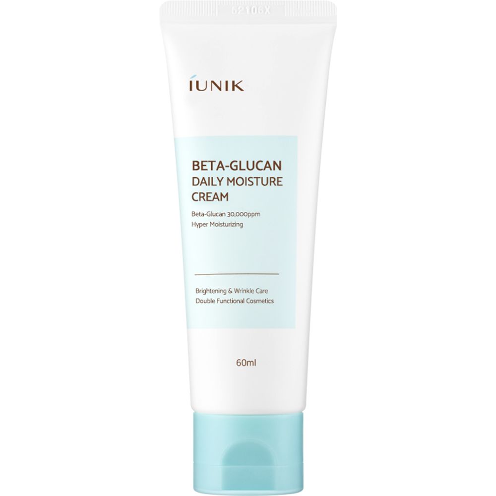 Tube blanc avec bouchon bleu. Inscription: iUNIK, Beta-Glucan Daily Moisture Cream, 60ml.