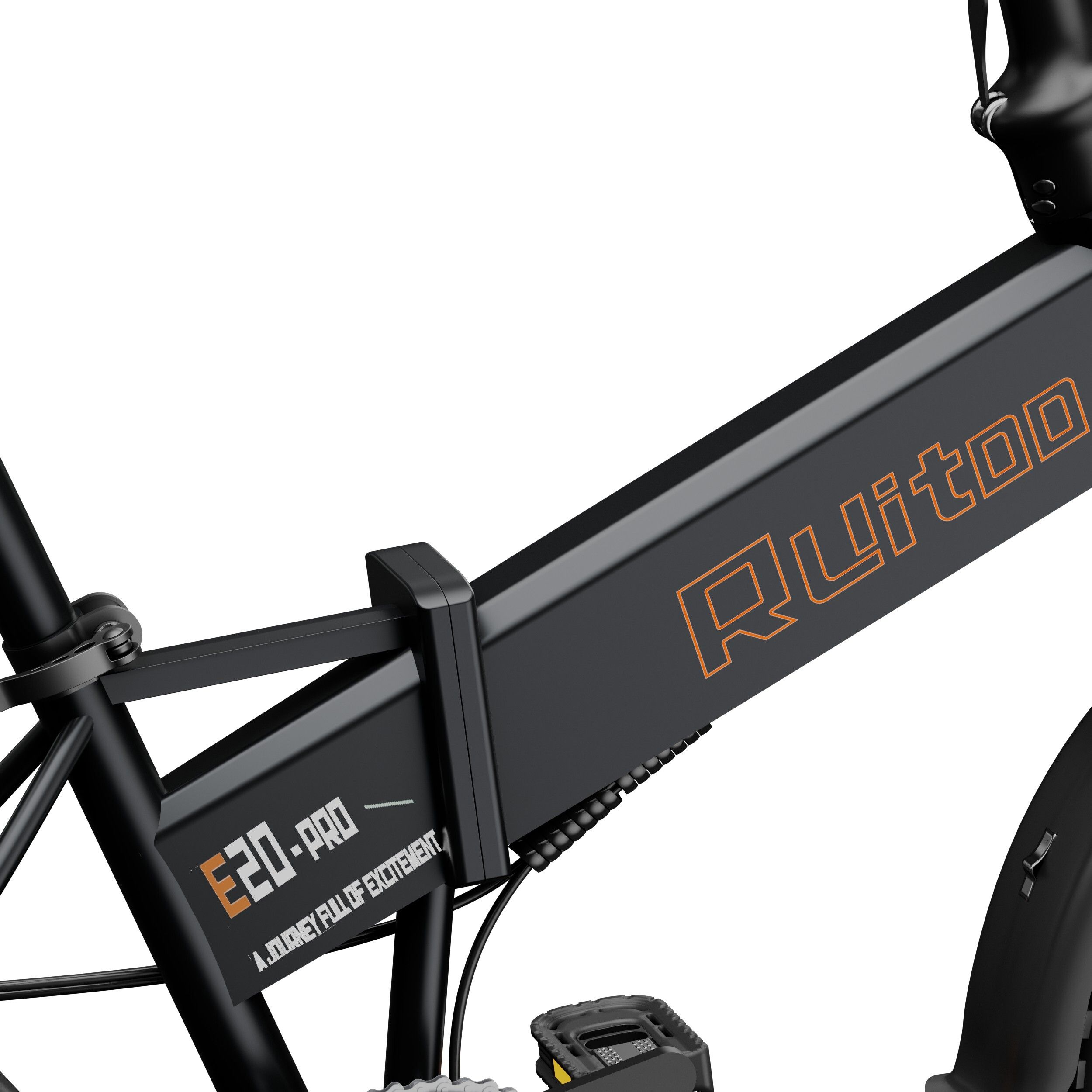Vélo électrique pliable noir. Écriture orange: Ruitoo, E20-PRO. Texte: Un voyage plein d'excitation.