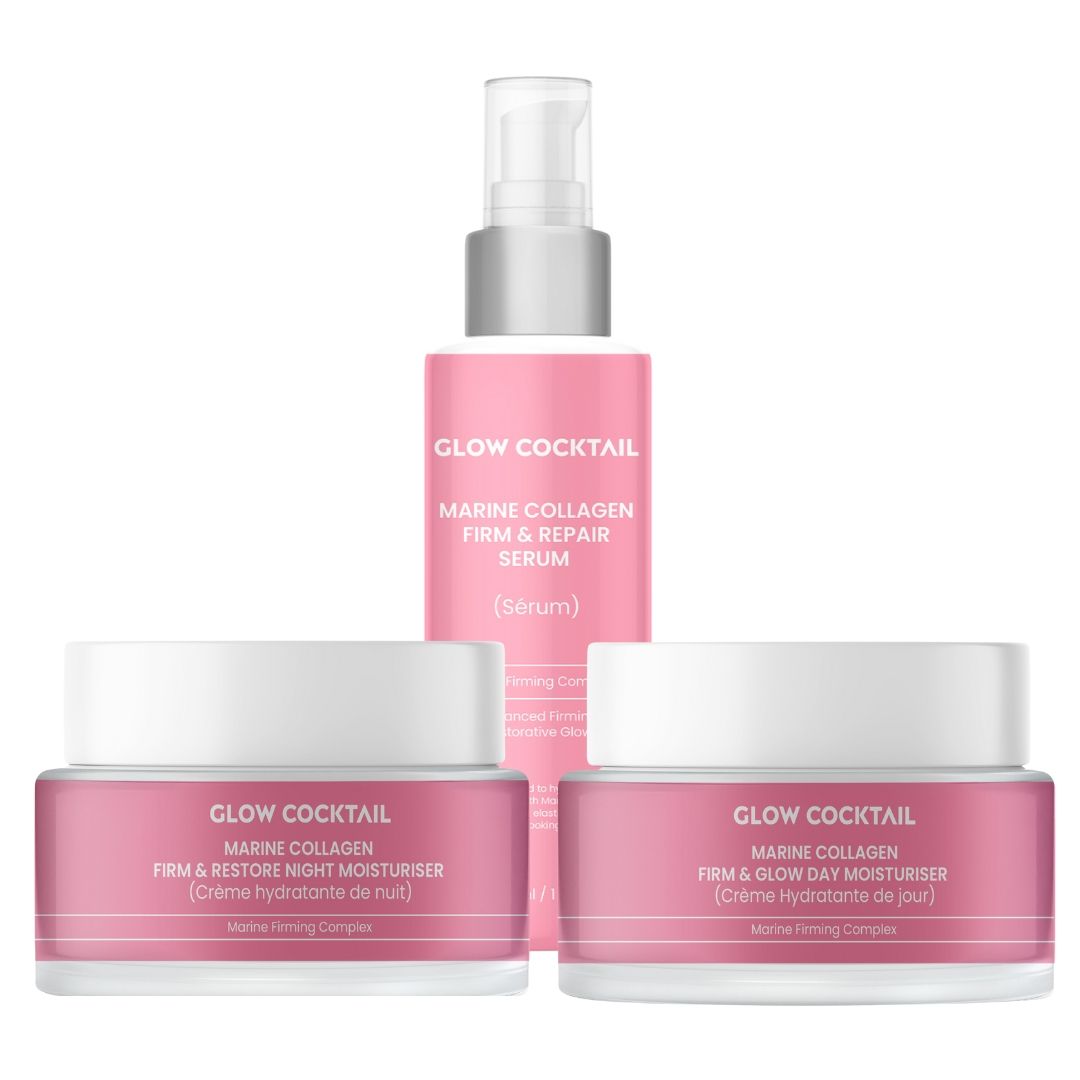 Roze fles en potten. Opschrift: Glow Cocktail, Marine Collagen. Producten: serum, dag- en nachtcrème.