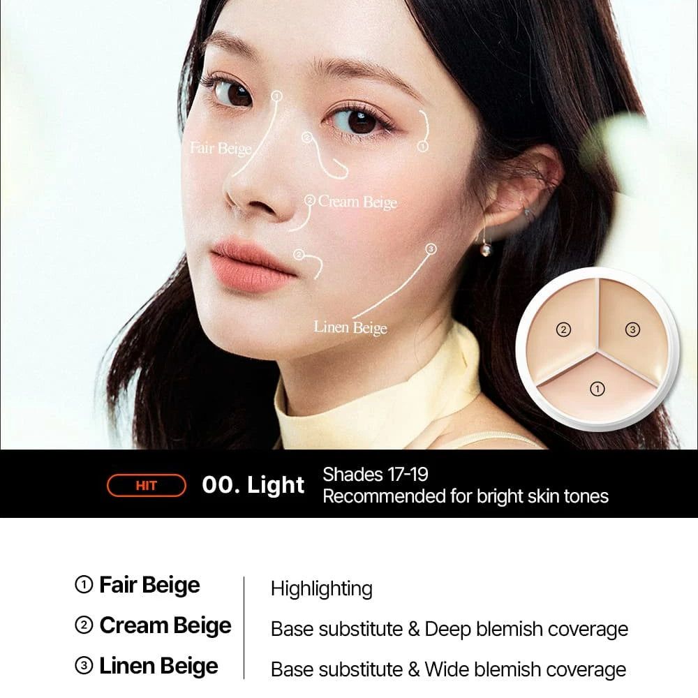 Vrouw met aangegeven contouringgebieden. Product: 00. Light, tinten 17-19. Aanbevolen voor lichte huidtinten. Drie tinten.