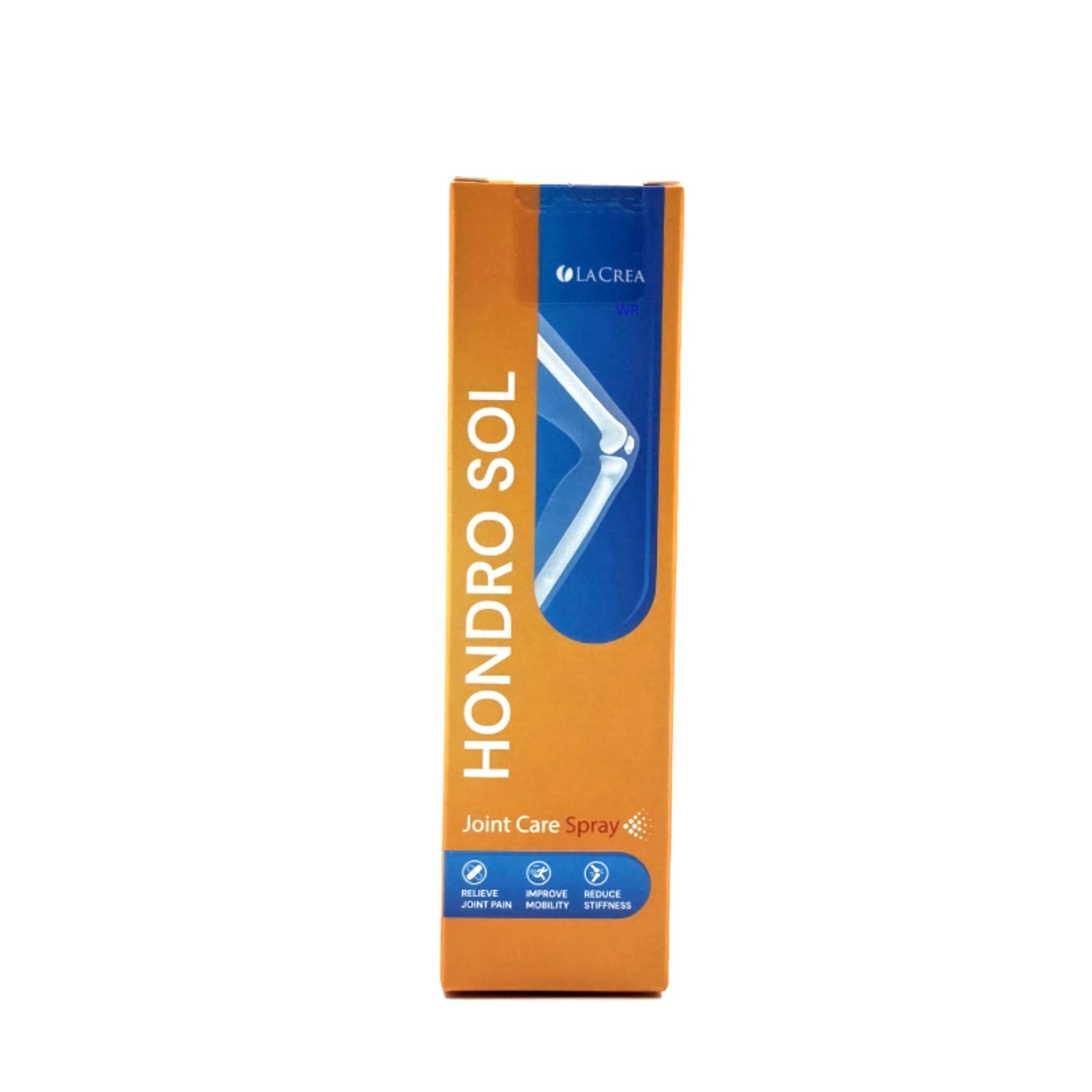 Verpakking met productnaam en logo. Oranje-bruine doos met witte tekst en illustratie van een knie. "Joint Care Spray".
