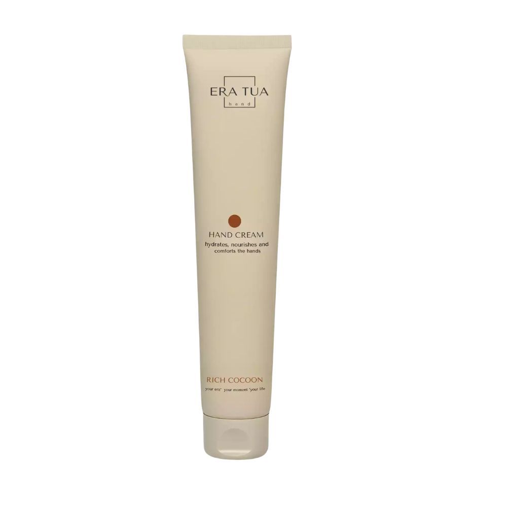 Beige handcrème tube met bruine stip en tekst. Merk: ERA TUA.