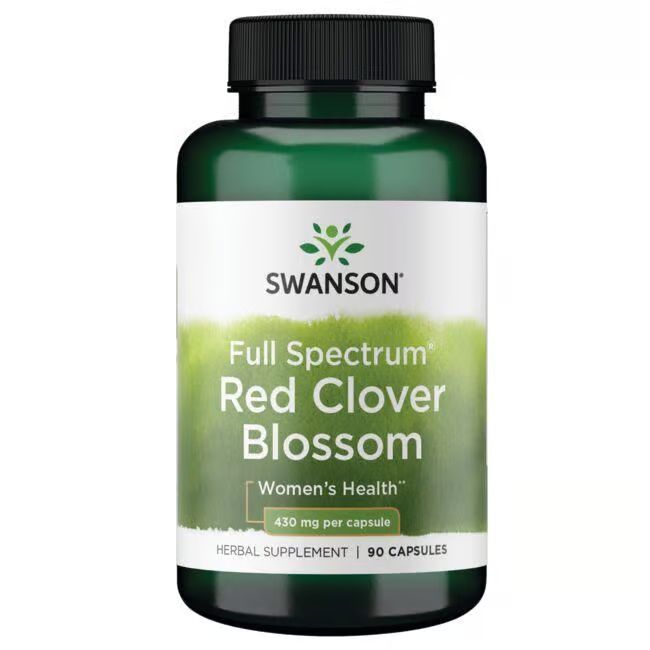 Flacon vert avec bouchon noir. Inscription: SWANSON, Full Spectrum Red Clover Blossom, 430 mg par capsule, 90 capsules.