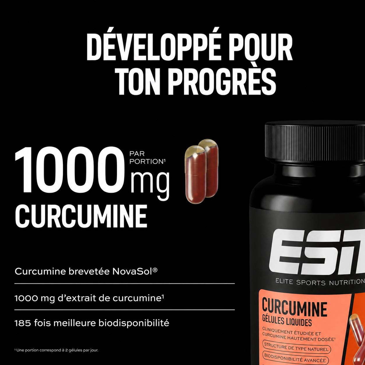 Capsules de curcumine ESN : 1000mg de curcumine, curcumine NovaSol, biodisponibilité 185x meilleure.