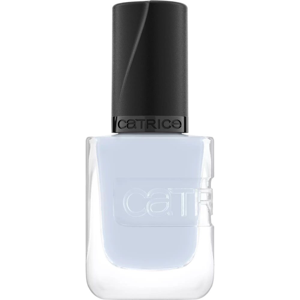 Flacon de vernis à ongles avec bouchon noir. Vernis à ongles bleu clair. Marque Catrice.