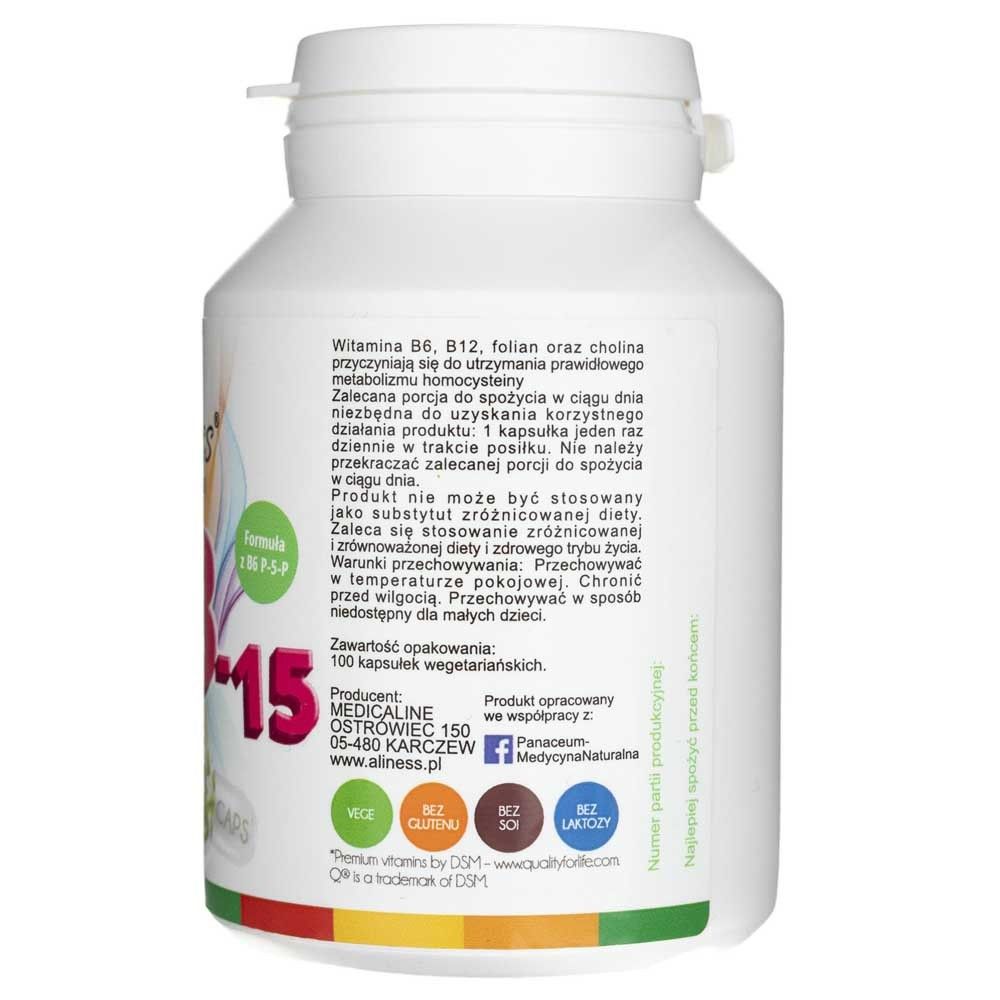 Arrière d'une boîte de gélules Aliness Vitamina B Komplex B-15 Methyl avec informations produit.