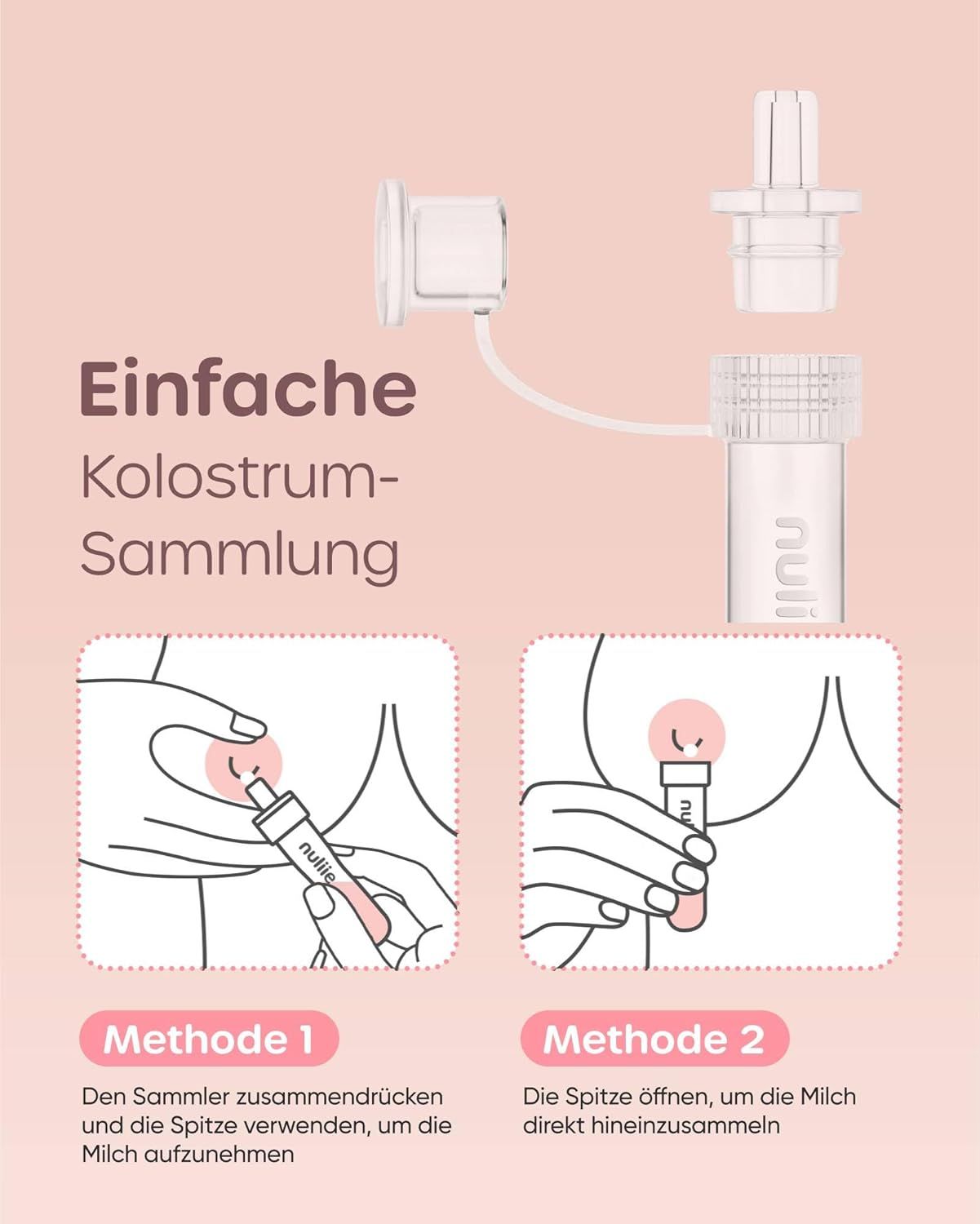 Instructions pour une collecte facile de colostrum avec deux méthodes : collecte directe ou avec une seringue.