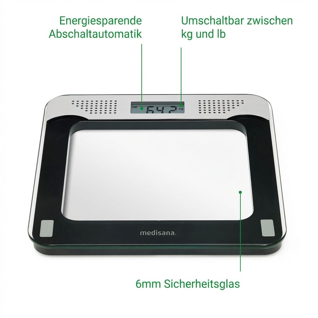 Spraakweegschaal: energiebesparende automatische uitschakeling, schakelbaar kg/lb, 6 mm veiligheidsglas.