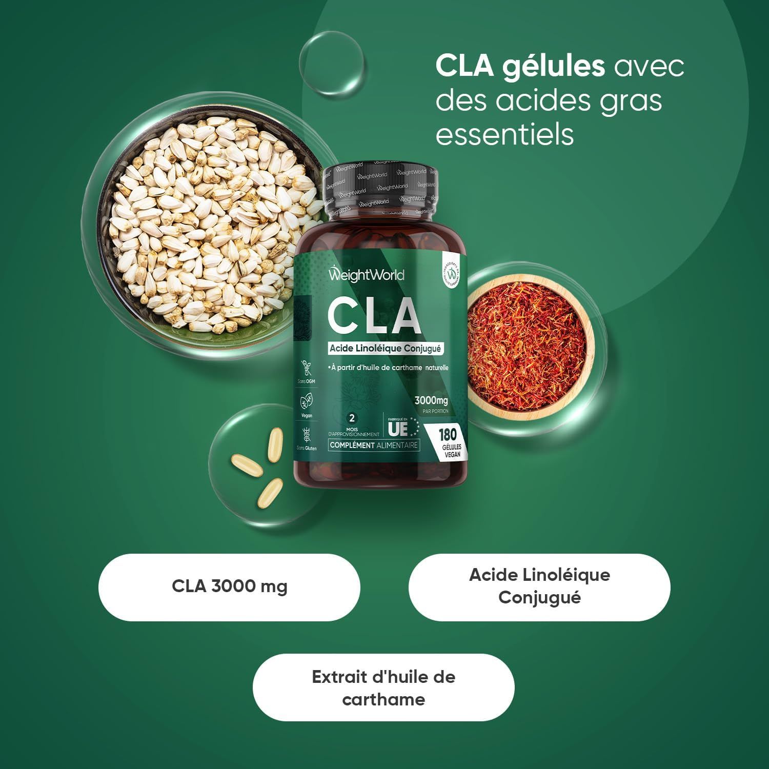 Gélules CLA WeightWorld avec huile de carthame et carthame.