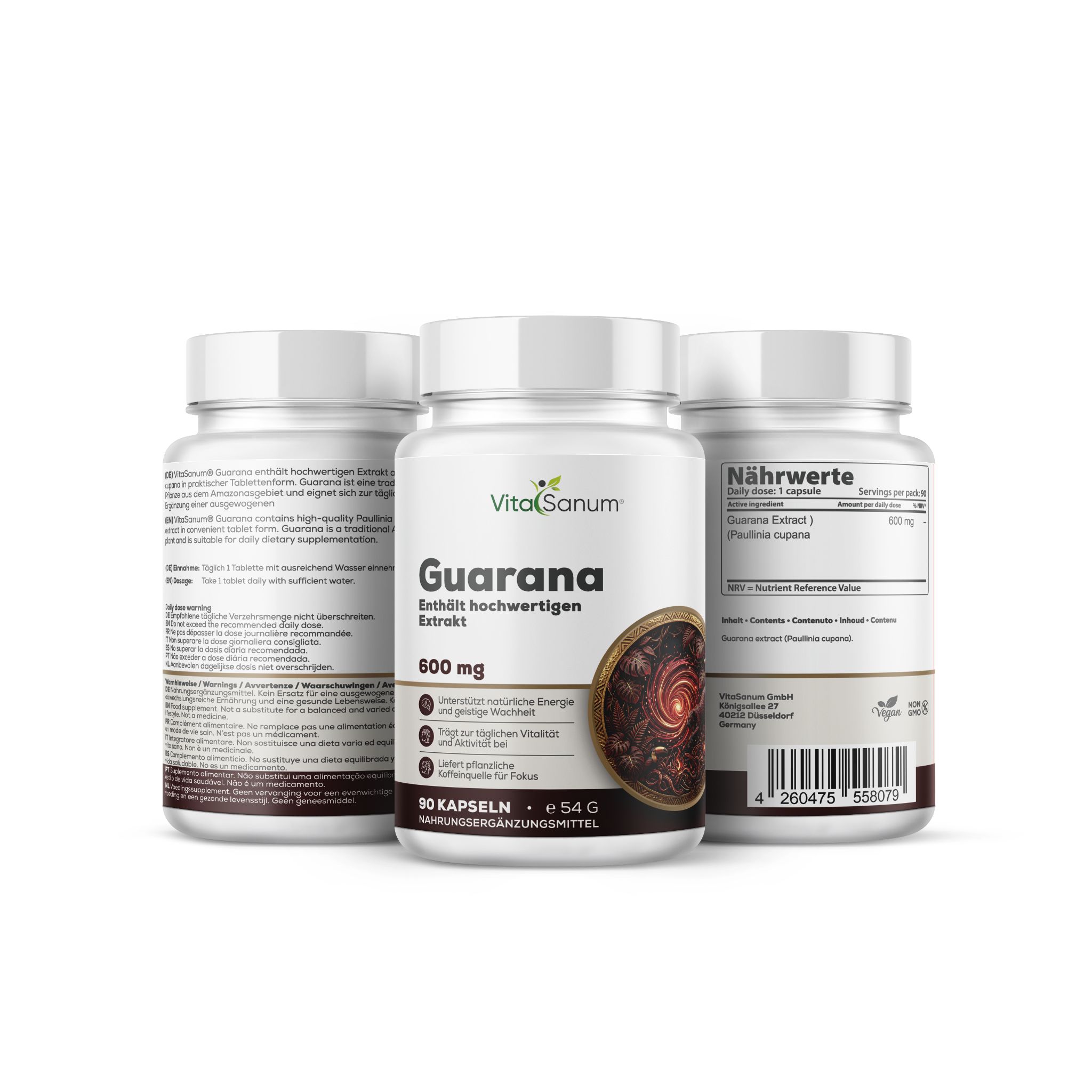 Gélules VitaSanum Guarana, 600 mg, 90 pièces, emballage.